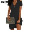 Women's Fashion Summer Spring Solid Color Print Short Sleeve Zip Collar Casual Dresses