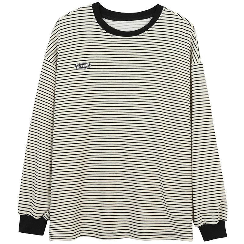 Striped Bottom Shirt Women's Plus Size Autumn Round Neck Long Sleeve Sweatshirt Top