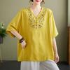 Летняя футболка свободного покроя с V-образным вырезом в стиле ретро и этнической вышивкой для женщин больших размеров