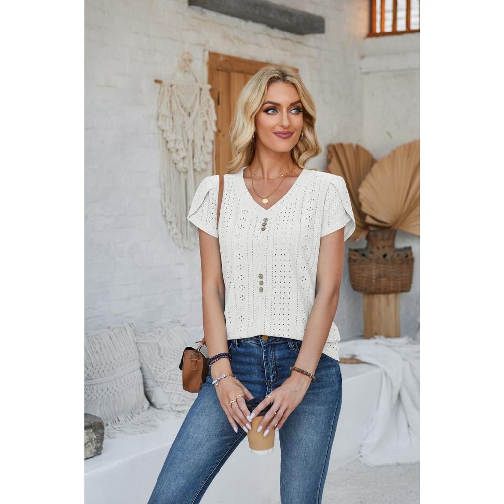 GMXIA Женская футболка весна-лето с V-образным вырезом, пуговицами, рукавами-лепестками, однотонная футболка