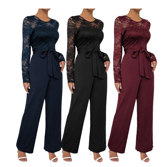 Женский формальный комбинезон с длинными рукавами и кружевом, с завышенной талией и широкими брюками, ромпер с поясом, летний