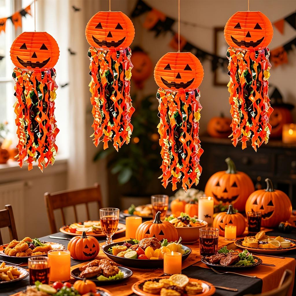 4 Pcs Halloween Paper Pumpkin Jack O Lantern Hanging Decorations with Tassels for Halloween Party and Haunted House Decor