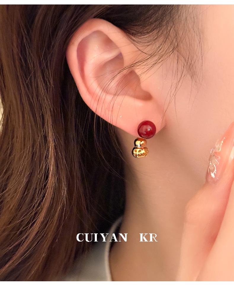 Серьги-гвоздики Cui Yan из стерлингового серебра S925 в китайском стиле с красным киноварью в форме тыквы для женщин - Новогоднее издание