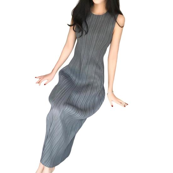 Женское платье-жилет с плиссировкой, свободный круглый вырез, однотонный, прямой, для поездок на работу