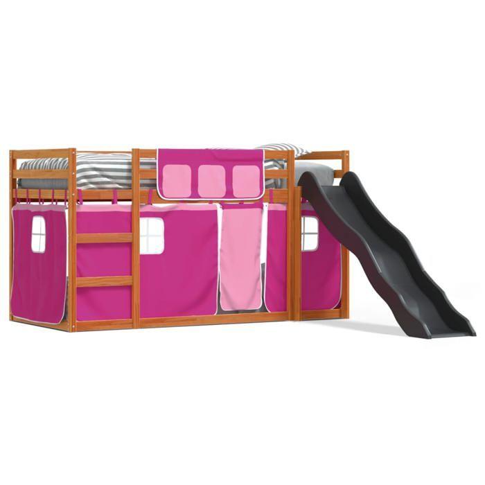 VidaXL Lit superposé avec toboggan et rideaux rose 90x200 cm, lit, cadre de lit, lit superposé bas, meuble de chambre à 3284115