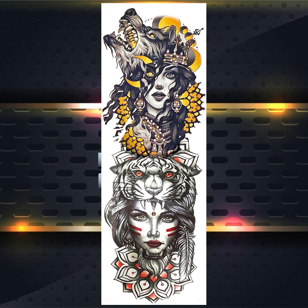 Длинные Временные Татуировки На Полную Руку Для Мужчин Мальчиков Лев Король Зверей Военная Тату Боди-Арт Хна Поддельные Волк Водонепроницаемые Рукава Татуировки Наклейки