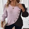 Fashion Long Sleeve Pullover Women Knitted Sweater Round Neck Color Matching Spring Autumn Buttons T-shirt Loose Elegant Slim Casual Simple Tops