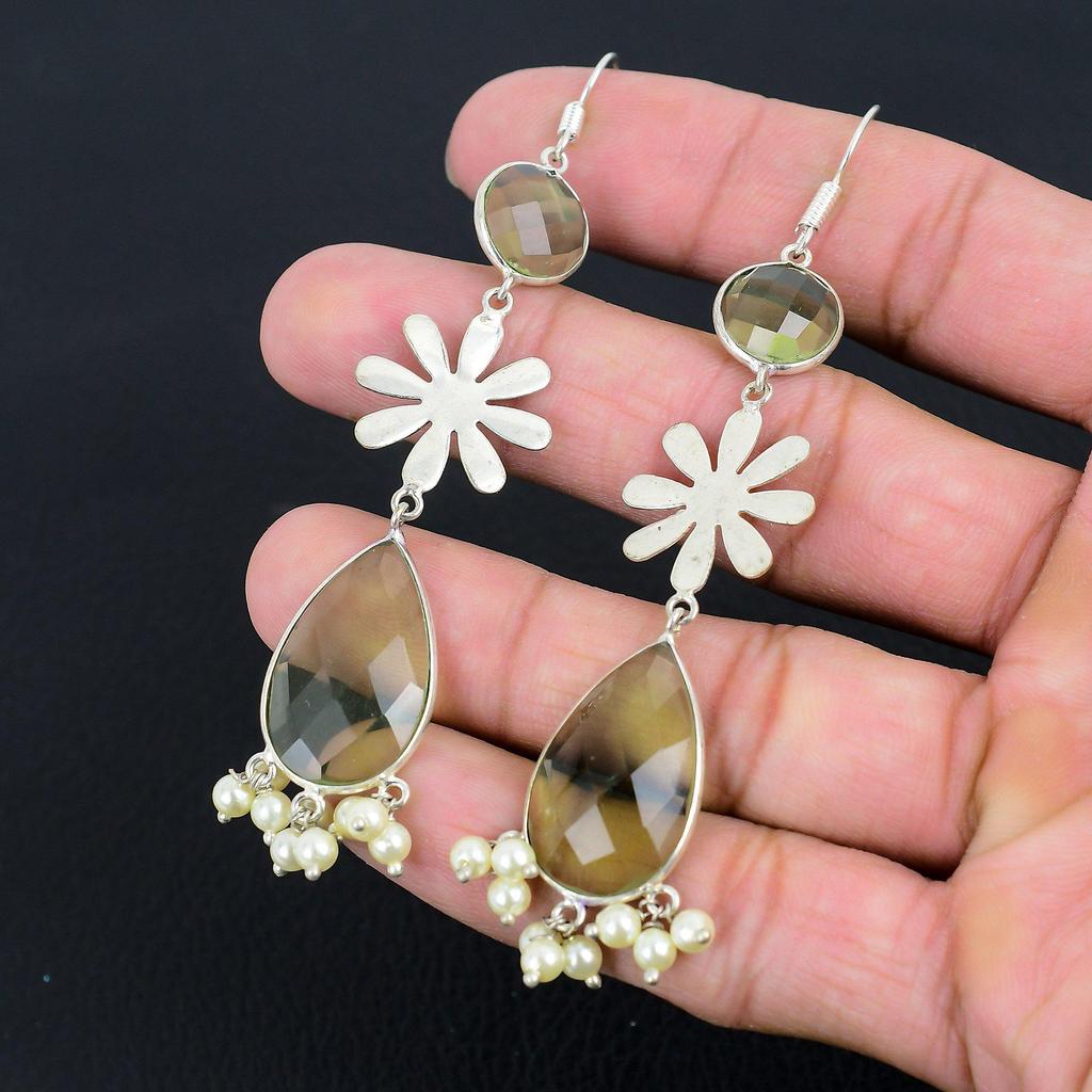 925 Sterling Silver Pear Green Amethyst Gemstone Dangling Wife Earrings Jewelry