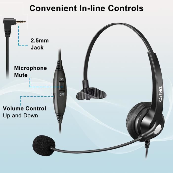 Casque téléphonique sans fil - Callez - W300D2-DE - Microphone antibruit - 2,5 mm - Noir