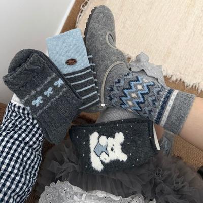 Серые и синие комбинированные утолщенные теплые шерстяные носки, махровые носки, женские бесшовные носки в полоску