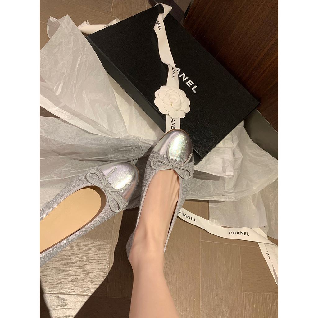 Grape Mother Studiolee Sweet Round Head Small Fragrant Style Flat Bottom Bow Splicing Shallow Mouth Ballet Single Shoes Women