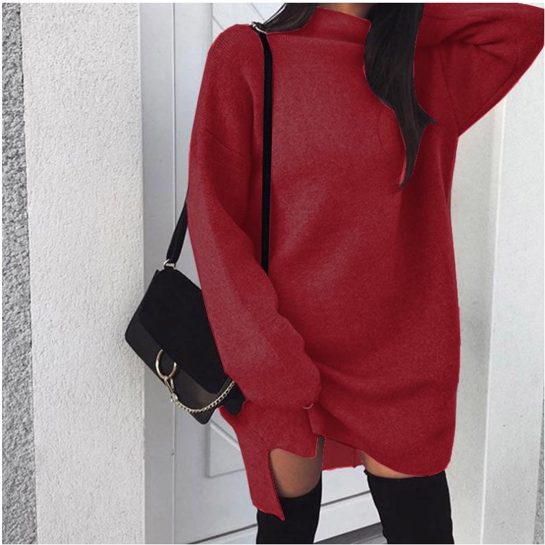 Winter Warm Long Sleeve Women Knitted Slit Sweater Dress  Turtleneck Sweaters  Female Clothes