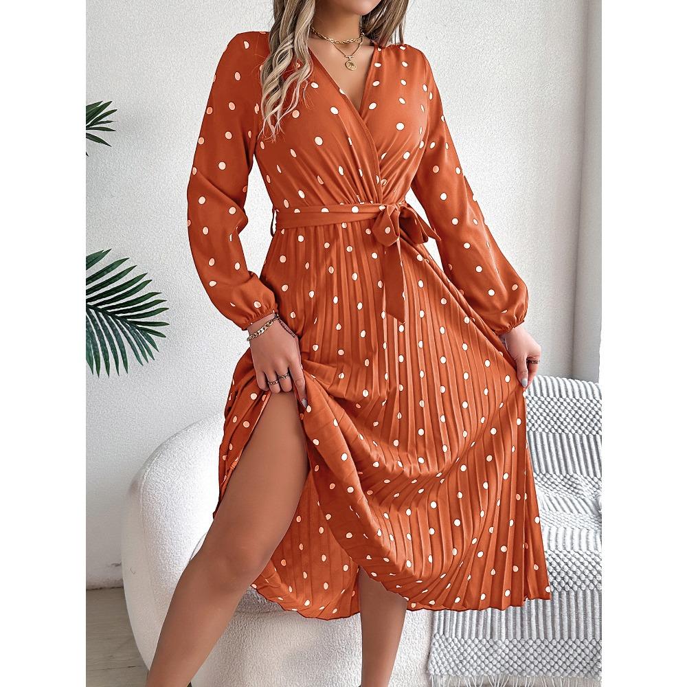 Элегантные платья для женщин с контрастным цветом, в горошек, с перекрестным V-образным вырезом, плиссированные, длинные, модные