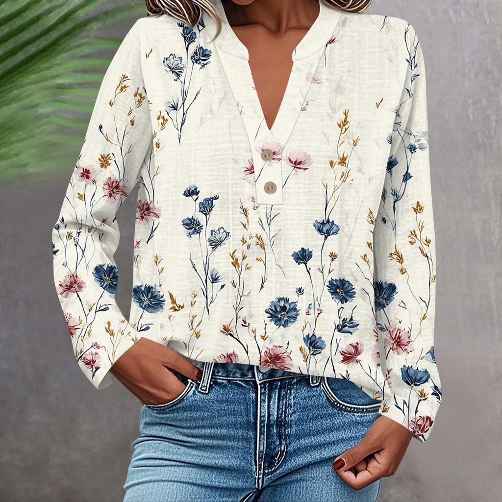 Женская модная и повседневная рубашка с длинным рукавом, V-образным вырезом, на пуговицах, с принтом, блузка, топ