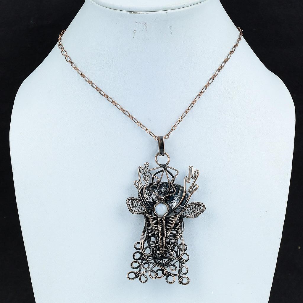 Грубый кулон из шунгита, медная проволока, кулон, кулон из радужного лунного камня, ювелирные изделия для лица оленя, настоящий драгоценный камень, кулон ручной работы, подарки для нее