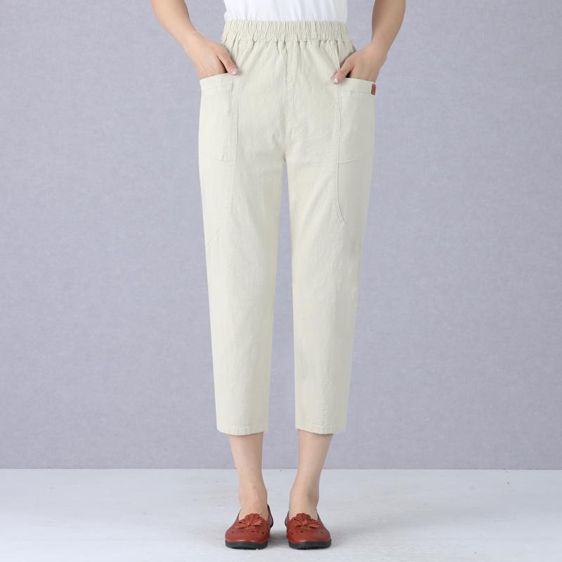 Middle-aged and Elderly Mother's Pants Straight High Waist Solid Color Washed Cotton Linen Casual Women's Eight-point Pants