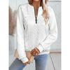 Elegant Women's Long Sleeve Zip-Up Baseball Collar Sweatshirt with Faux Pockets - Textured Cable Knit