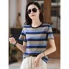 Женская летняя синяя полосатая повседневная хлопковая футболка с круглым вырезом и коротким рукавом, простые модные топы большого размера с анимированным цифровым принтом