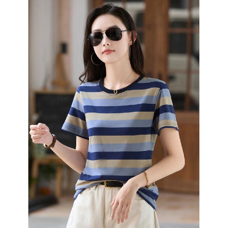 Женская летняя синяя полосатая повседневная хлопковая футболка с круглым вырезом и коротким рукавом, простые модные топы большого размера с анимированным цифровым принтом