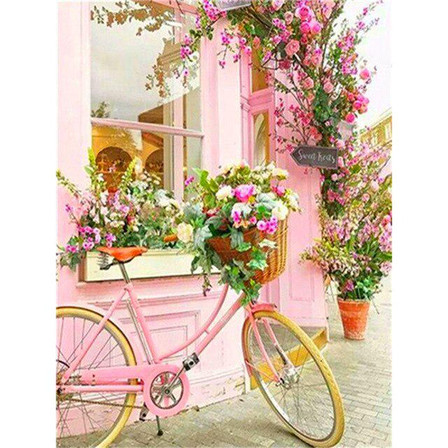 Пейзаж DIY 5D алмазная живопись набор для вышивки крестом мозаика красивый розовый цветок велосипед Алмазная вышивка украшение дома подарок
