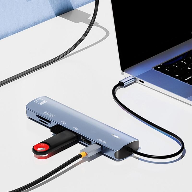 Устройство расширения 7-в-1 USB Type C с поддержкой 60 Гц, PD100W зарядкой, портом RJ45 и кардридером для ноутбука