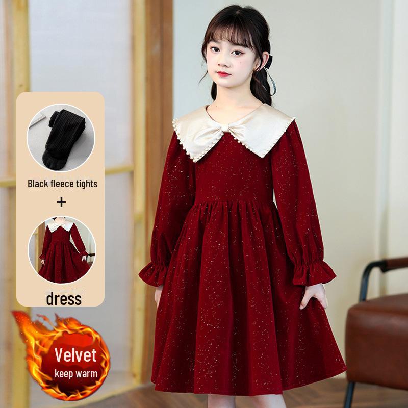 Стильное платье принцессы с длинными рукавами и бархатом для девочек осень-зима 2023 года