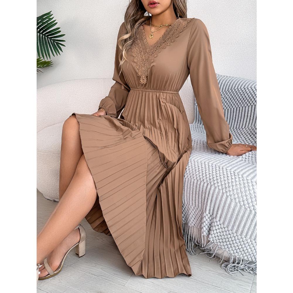 Spring and Summer Elegant Temperament V-neck Lace Waisted Pleated Long Women's Dresses Long Skirts