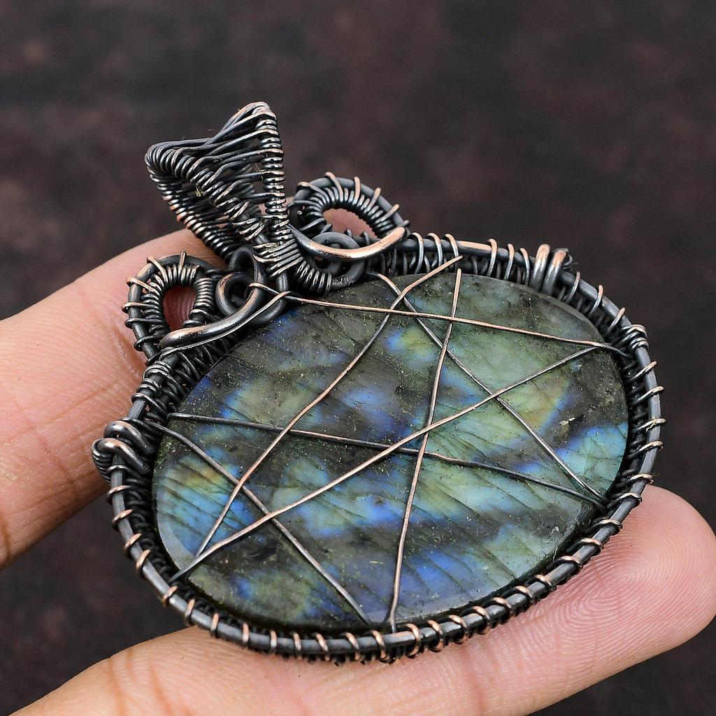 Кулон из лабрадорита, обмотанный медной проволокой, ручной работы, обмотанные украшения, кулон с драгоценным камнем лабрадоритом для женщин, медные украшения, подарок для нее