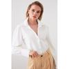 White Woven Balloon Sleeve Basic Stylish Cotton Shirt