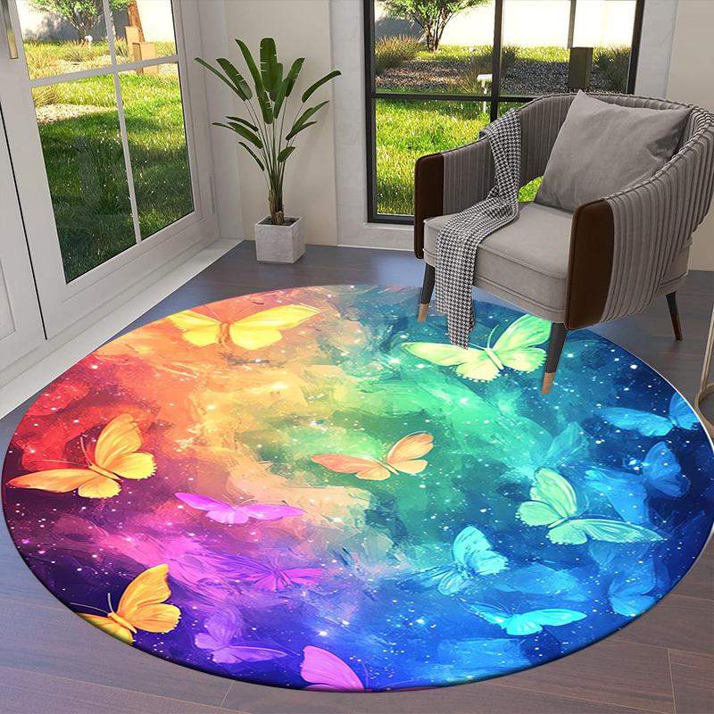 1pc Colorful Butterflies Rainbow Background Round carpet, Made of Polyester,Perfect for Decorating Office Chairs, Living Rooms,Vibrant Decorative Rug
