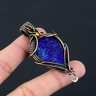 Лазурит Драгоценный камень Чистая медная проволока Обернутая ювелирная подвеска ручной работы
