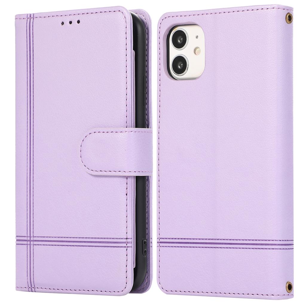 For iPhone 11 Cell Phone Case Lines Imprinted Built-in Mirror Anti-drop Leather Cover with 2 Straps