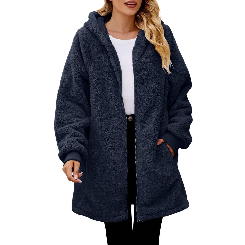 Women's Fashionable Coat Solid Color Long Sleeved Pocket Loose Hooded Zipper Plush  Jacket