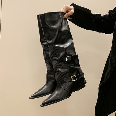 Модные женские ботфорты до колена Новые ботинки в ретро-стиле Роскошная модная обувь с пряжкой-ремнем для женщин Осенне-зимние ботинки на танкетке Рыцарские длинные ботинки