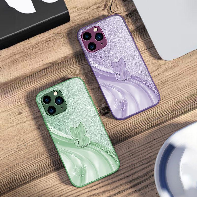 Сверкающий Алмазный Кот Для IPhone 16 Pro Max 15 Pro 14 13 12 Mini 11 XS Max XR 7 8 Plus SE 2022 Чехол из Закаленного Стекла