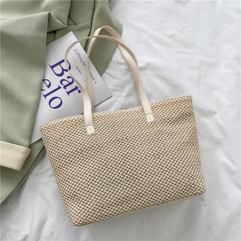 Yogodlns Летняя соломенная сумка, женская большая вместительная плетеная сумка-тоут, пляжная сумка ручной работы из ротанга, женская соломенная сумка на плечо для отпуска, сумка