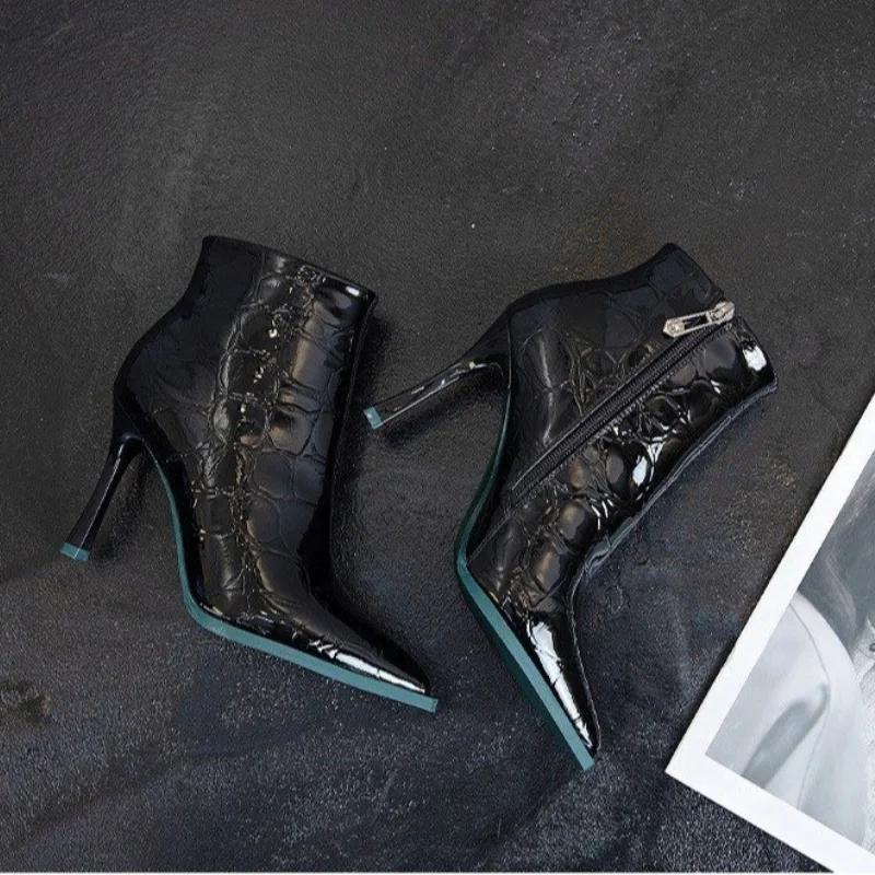 Модные туфли-лодочки с острым носком, женские ботильоны на высоком каблуке, водонепроницаемые ботильоны на высоком каблуке с боковой молнией, 2024, лакированная кожа, Botas De Mujer