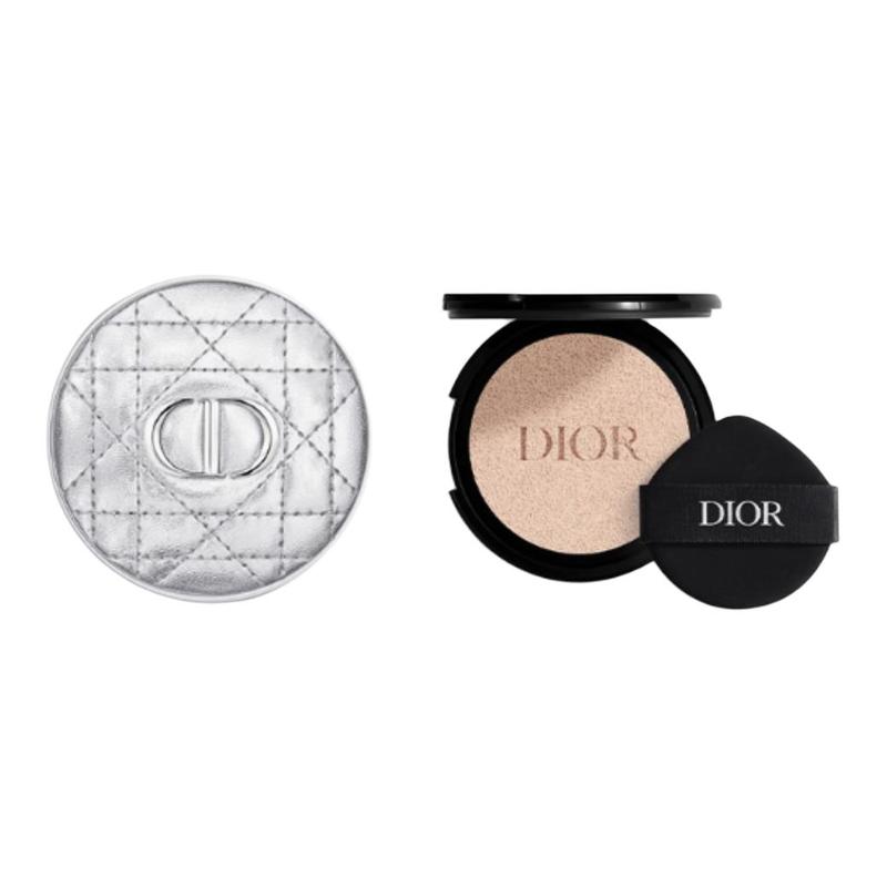 Dior Подушка Комплект из двух предметов: Ретро Серебристый Клетчатый Чехол с Воздушной Подушкой + Гелевый Стойкий Мягкий Матовый Спонж для Тональной Основы #00.5N 13г