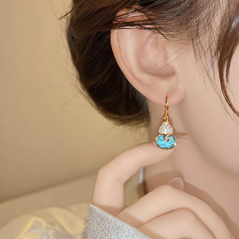 Diamond-encrusted Turquoise Gourd Ear Buckle Elegant Retro Versatile Earrings Personalized and Unique Temperament Earrings