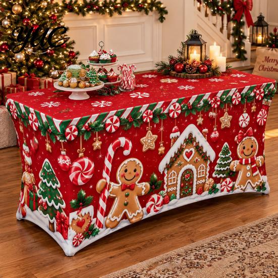 Indoor Outdoor Table Linens Christmas Stretch Cover, 4FT 6FT 8FT Gingerbread House Rectangular Protector, Festive Tablecloth for Candy Cane