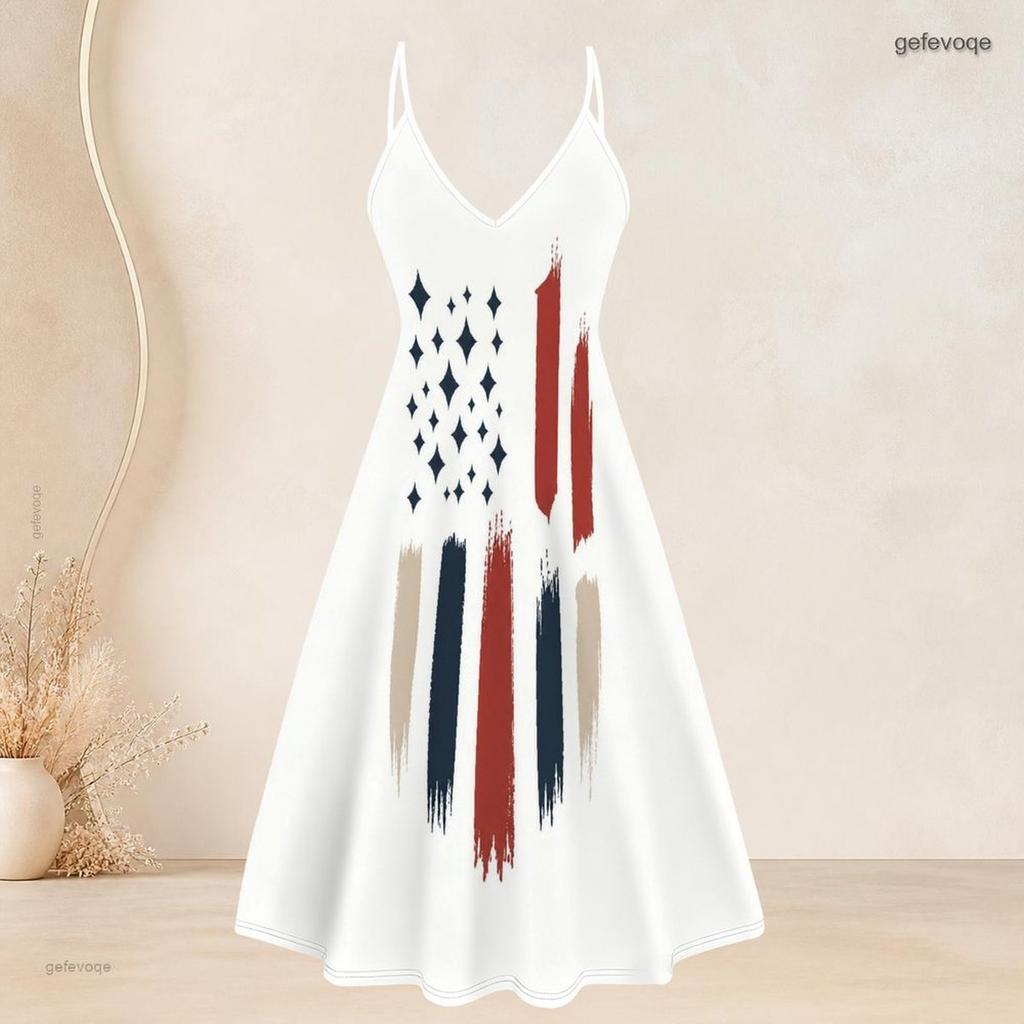 Women Plus Size American Flag Printed Two Piece Set V Neck Strappy Flared Dress Short Sleeve Cardigan