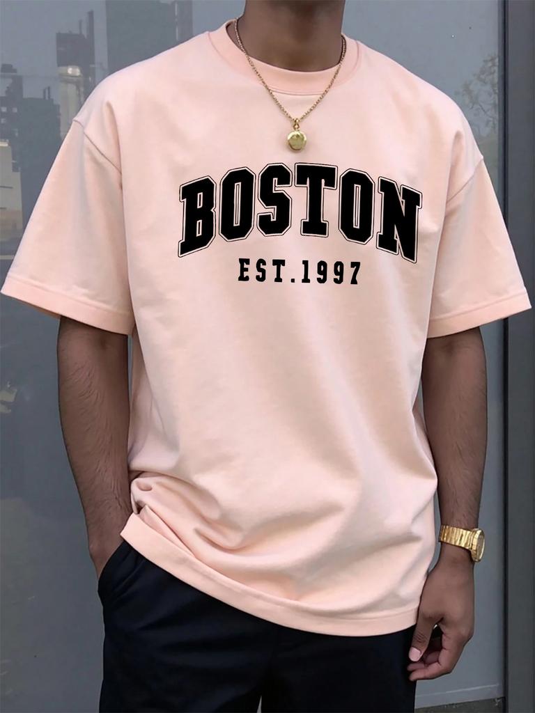 Летняя Унисекс 100% Хлопок Повседневная Модная Свободная Boston EST 1997 С Принтом Круглый Вырез Короткий Рукав Футболка Универсальный Топ