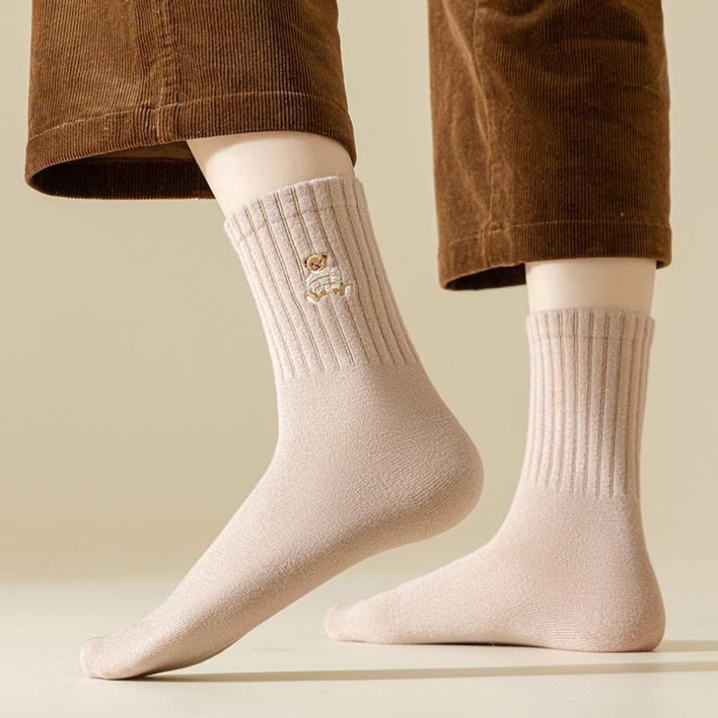 Носки цвета кофе Майяра для женщин, милые носки средней длины с медвежонком, простые носки в стиле колледжа, хлопковые носки