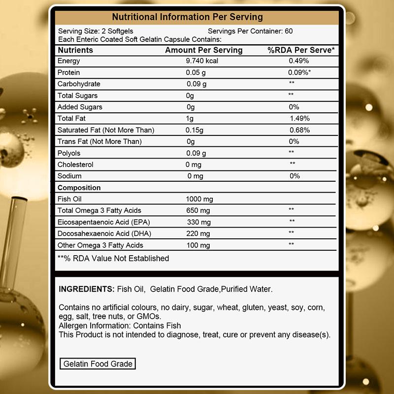 Premium fish oil 1000 mg, containing Omega-3, EPA and DHA, 3x concentrated, 120 capsules.