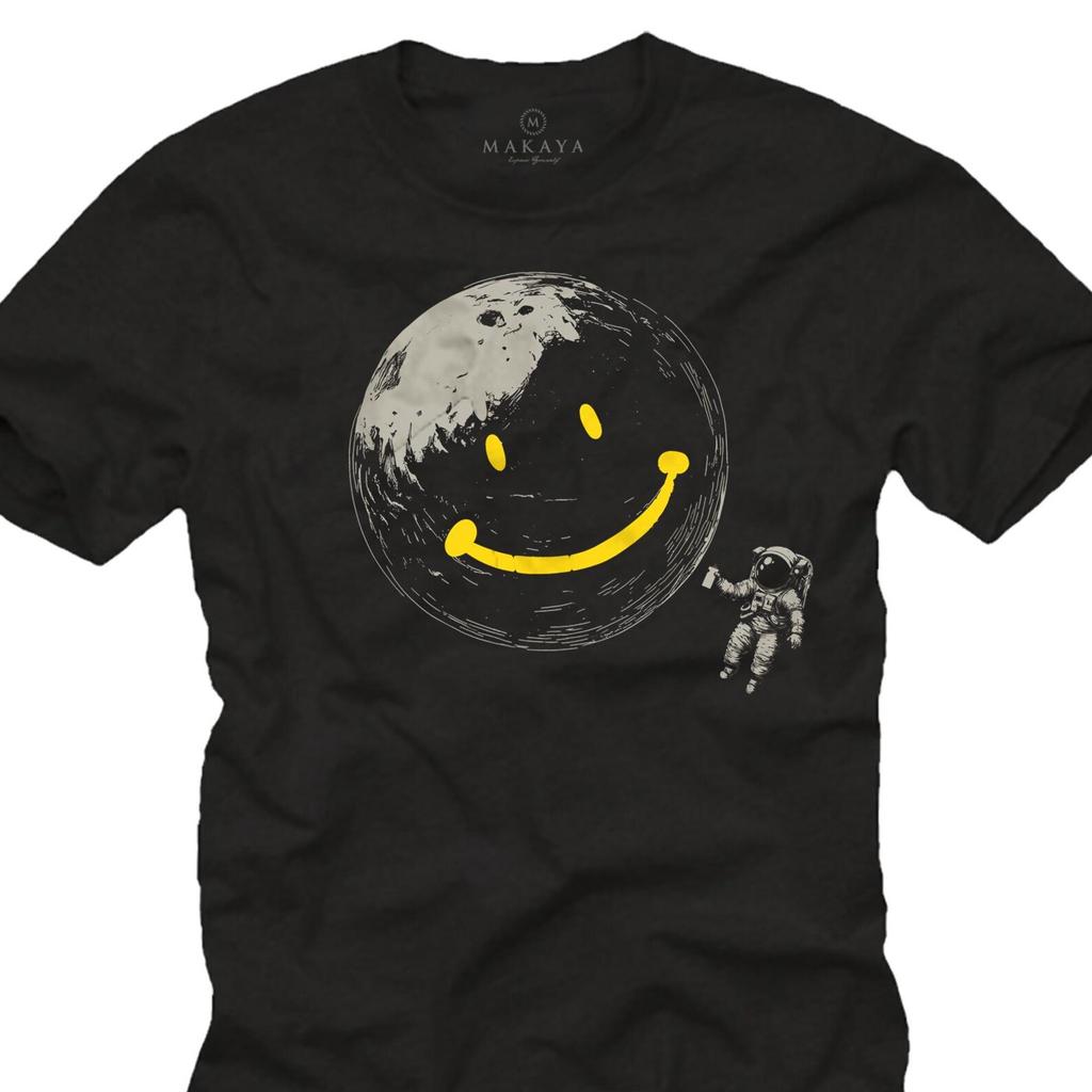 Men’s Graffiti T-Shirt with Astronaut Print, Moon Smile Design, Positive Streetwear Graphic Tee for Men & Teens, Black, Blue, Green, Grey