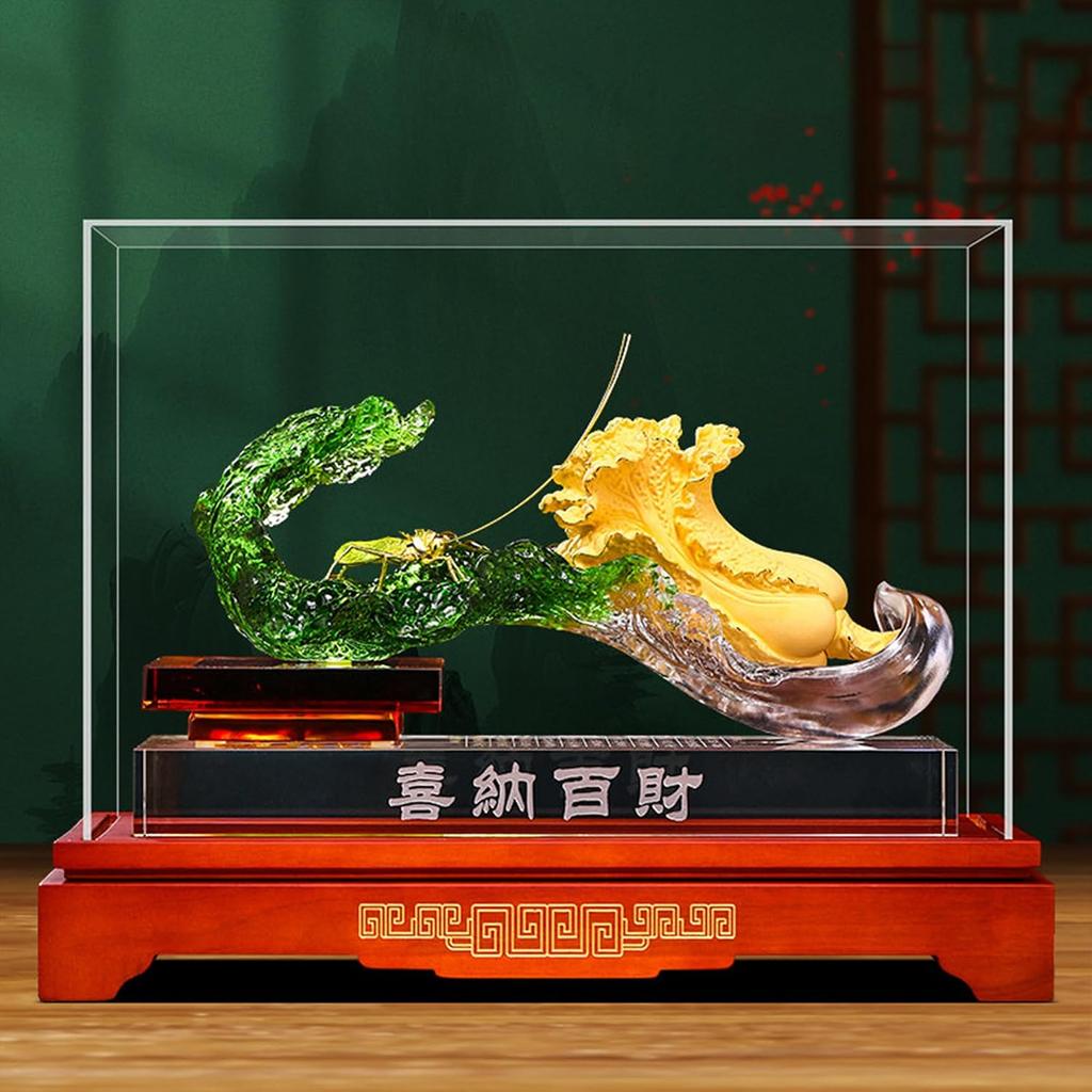 Aris & Juno Liuli & Flocked-Gold Cabbage Sculpture - Xi Na Bai CAI Chinese Wealth Symbol, Hand-Carved Glass Art with Wooden Base & Acrylic Display