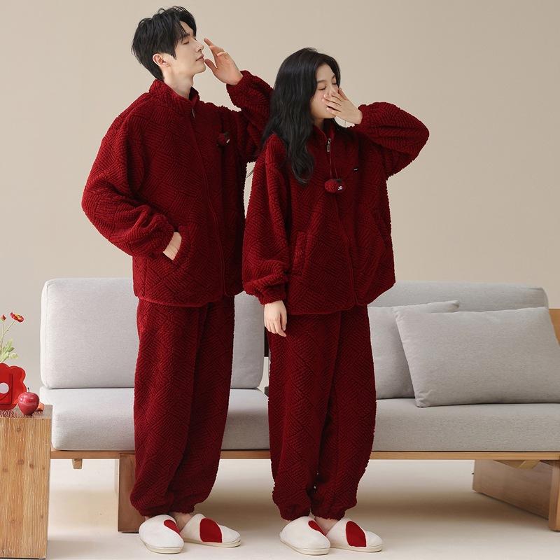 Пижамы Свадебный Костюм для Молодоженов Осень и Зима Коралловый Флис Утепленный Теплый Рождественский Год Свадебный Красный Домашняя Одежда