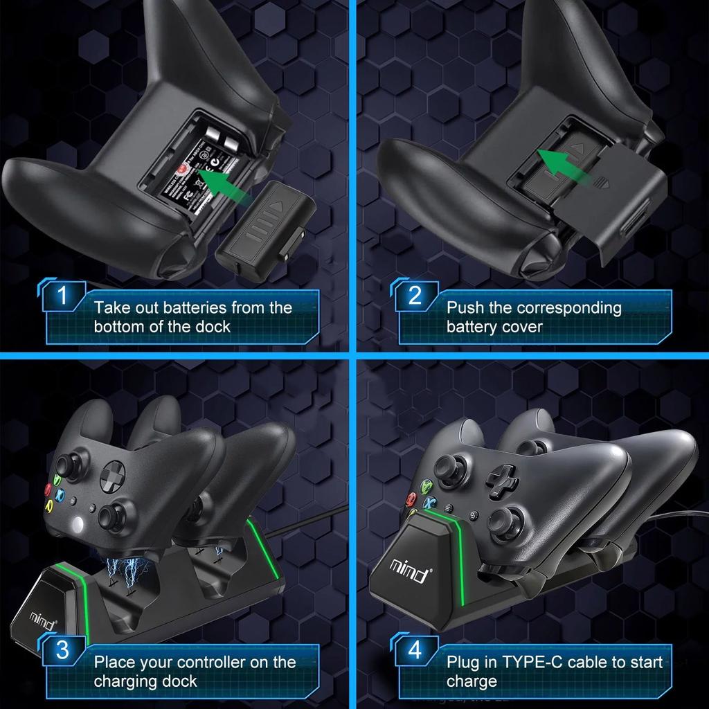 Charging Dock Fit for Xbox One/One S/X/Elite Controllers, Dual Controller Fast Charging Station with 2x1400mAh Rechargeable Battery Pack,Type-C Cable