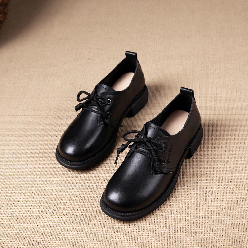 First Layer Cowhide Loafers Women's Autumn New Genuine Leather New Soft Sole Soft Surface Lace-up Flat Bottom Work Shoes Small Leather Shoes