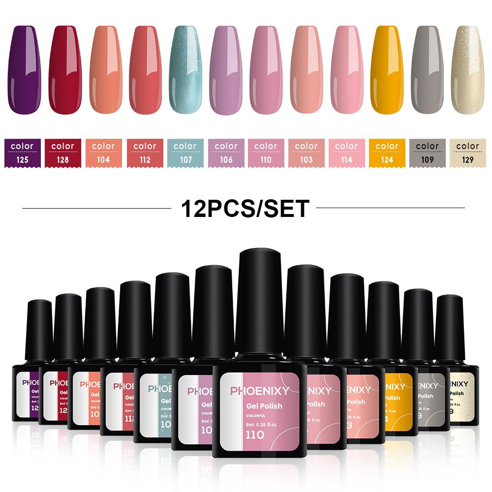 PHOENIXY, 8 мл, 12 цветов, гель-лак для ногтей, гель для ногтей, полуперманентный твердый гель для ногтей, замачиваемый УФ-гель, нужна база, верхнее покрытие, дизайн ногтей «сделай сам»
